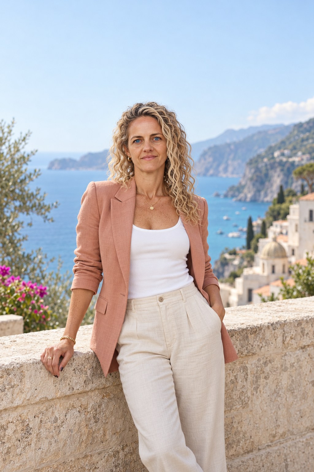 Jess in a peach blazer on a sunlit coastal terrace