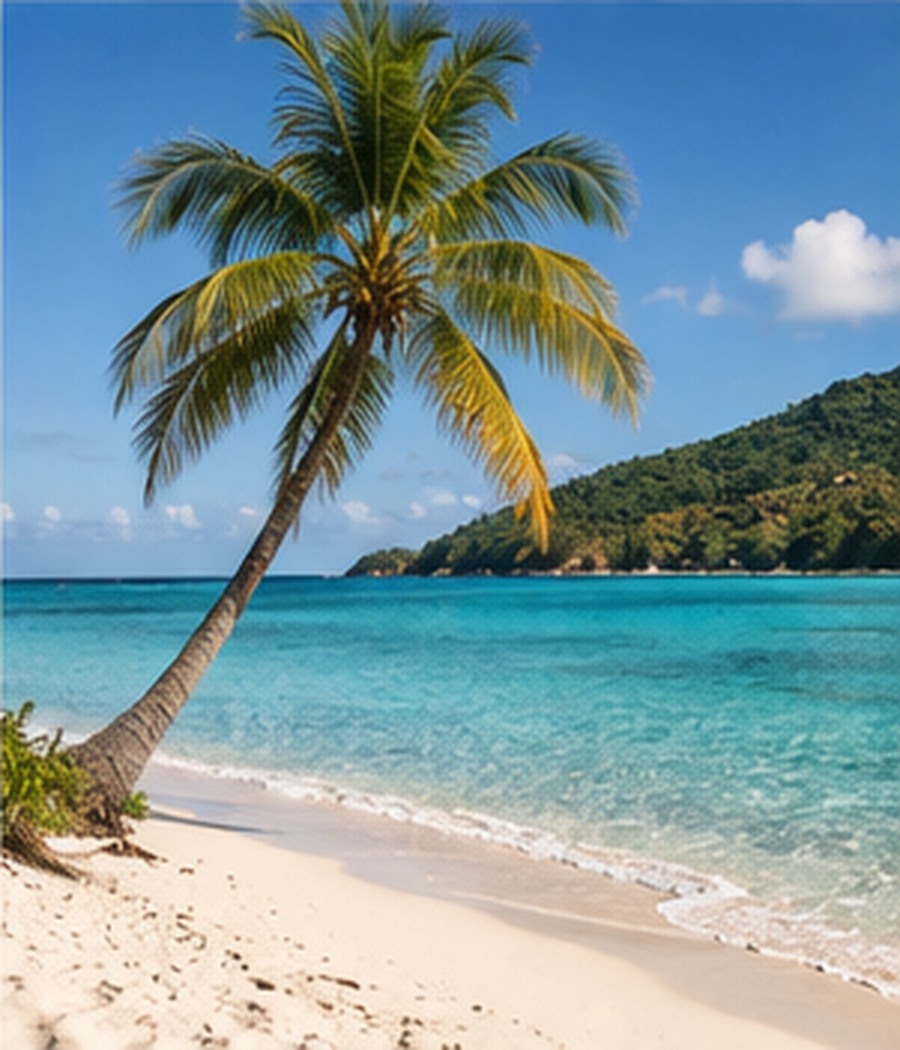 A palm tree leaning over a clear Caribbean beach