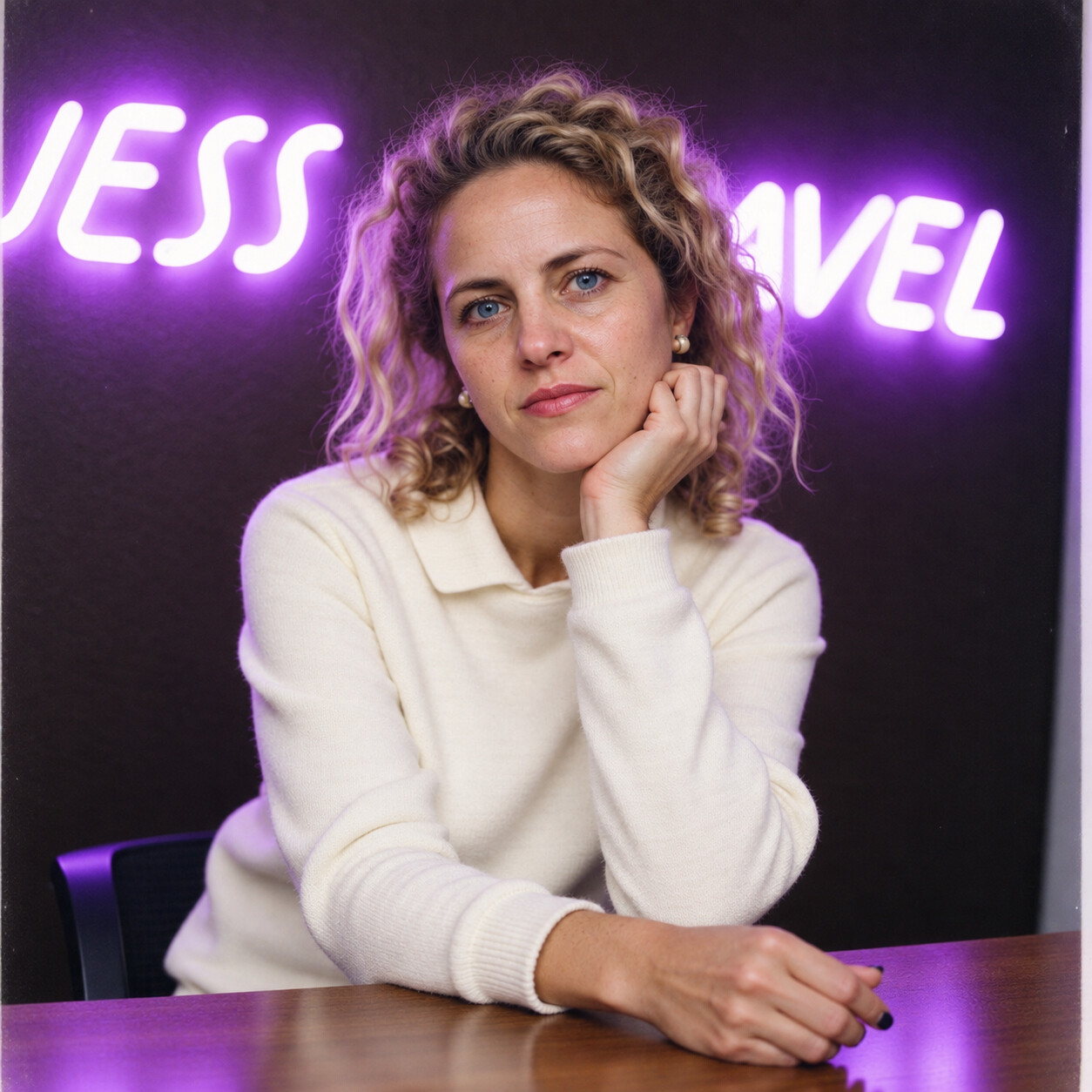 Jess Dorsey seated beneath the Jess.Travel sign