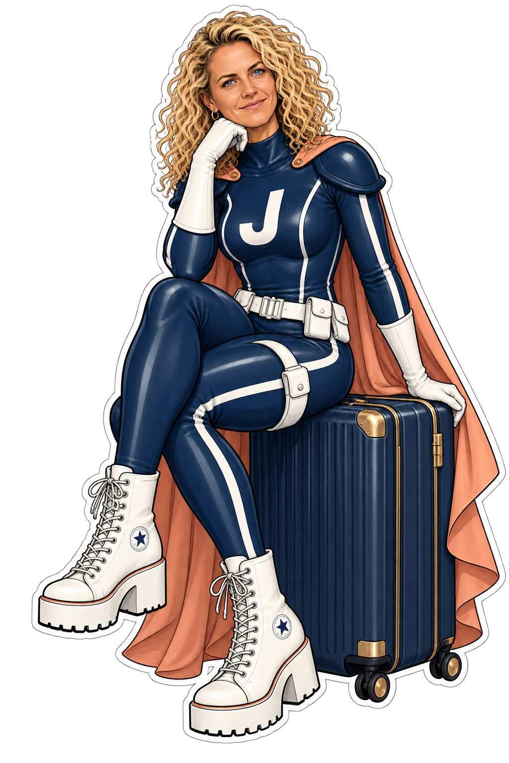 Jess superhero alter ego seated on a suitcase
