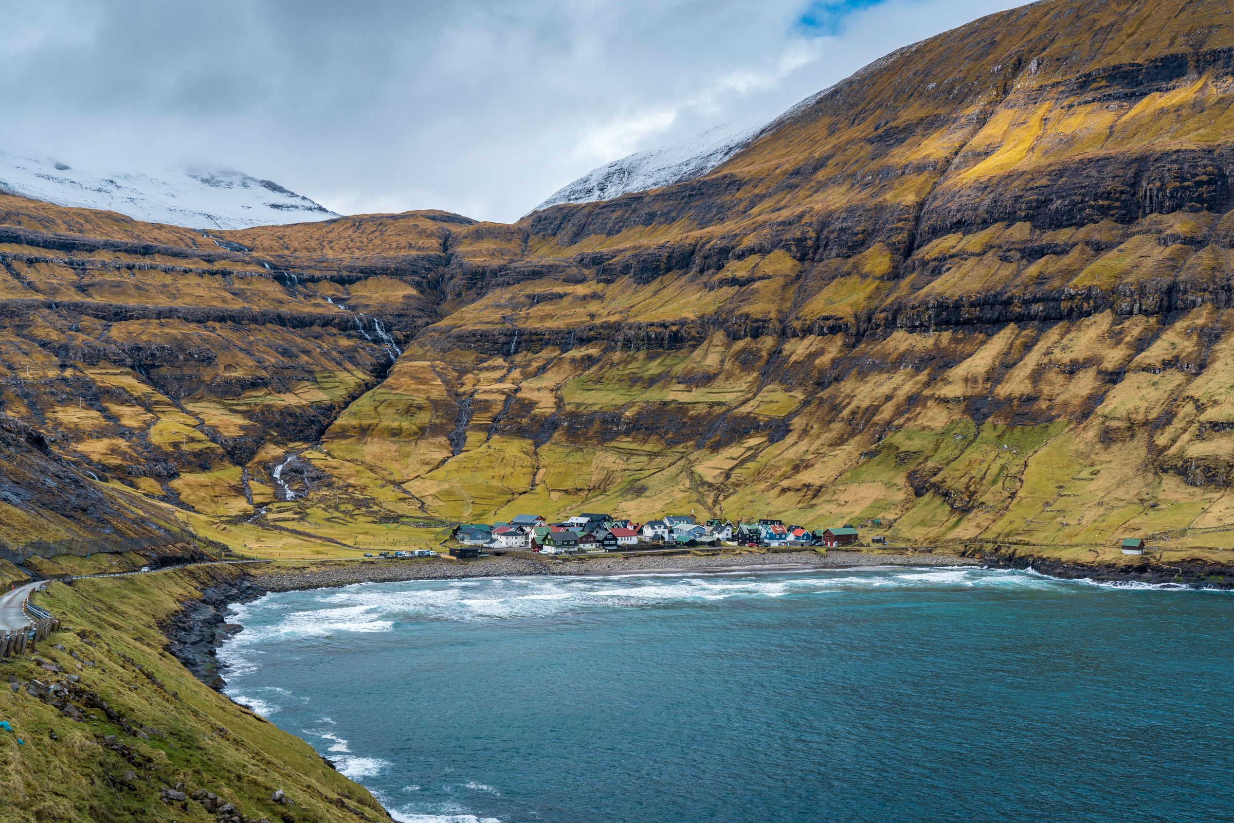 Tjørnuvík village beneath steep mountains in the Faroe Islands